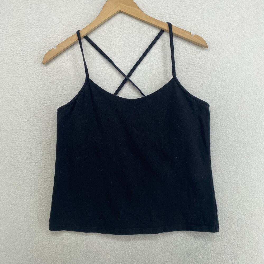 EILEEN FISHER Tank Top M Organic Cotton Jersey Cross Back Shelf Bra Black USA